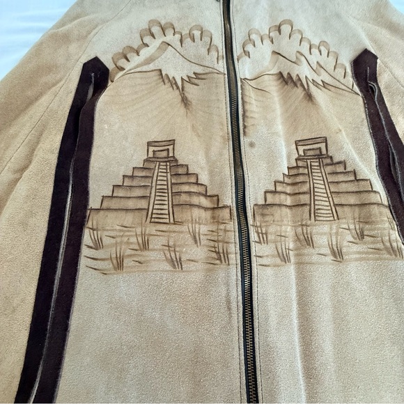 Vintage Hand Burned Pyrography Suede Leather Mexican Fringed Poncho - Picture 2 of 8